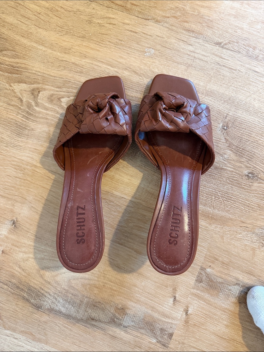 SCHUTZ Brown Woven Leather Knot Slide Heels - Picture 2 of 2
